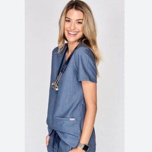 FIgs Casma Three Pocket Top Sz X-Small Heather Denim Rare Color